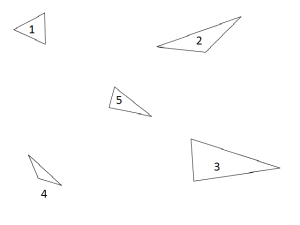 Det er avbildet fem trekanter. Trekantene 3 og 5 har en lignende form, men er forskjellig størrelse. Trekantene 2 og 4 har lignende former, men er rotert forskjellig og har forskjellig størrelse. Trekant 1 har en form ulik noen av de andre trekantene.